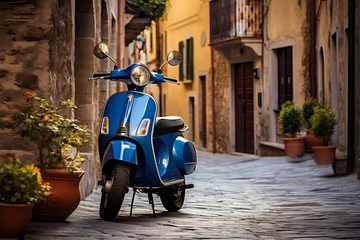 Photo sur Aluminium Scooter Blue scooter parked in the narrow cobblestone street of a charming small Italian town, surrounded by colorful buildings and quaint architecture