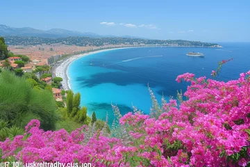 Türaufkleber Mediterranean blue  sea with cruise ship and pink Bougainvillea flowers frame, travel concept © nnattalli