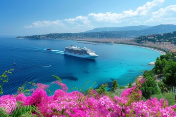 blue  Mediterranean sea with cruise ship and pink Bougainvillea flowers frame, travel concept