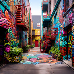 Vibrant street art covering a city alley.