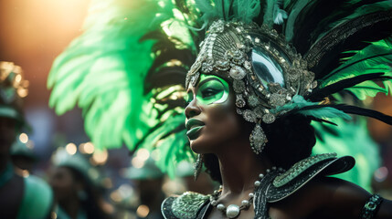 Carnival parade with colorful floats and performers, vibrancy in light green and black costumes