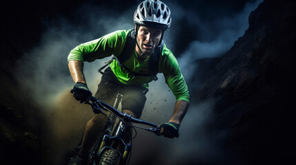 Obraz premium Navigating the Trail: A Light Green and Black Mountain Biker with Speed and Agility