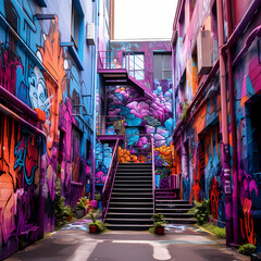 Fototapeta na wymiar Vibrant street art covering a city alley.