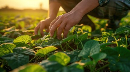 Close-up of hands tending a field of cucumbers in the sunset light.