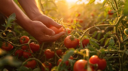 Close-up of hands tending a tomato field in the sunset light.