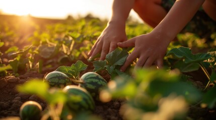 Close-up of hands tending a watermelon field in the sunset light.