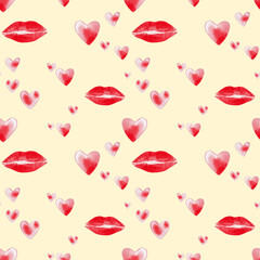 Pattern for Valentines day with hearts print and of lips kiss on the yellow background, fabric, paper. Digital watercolor illustration