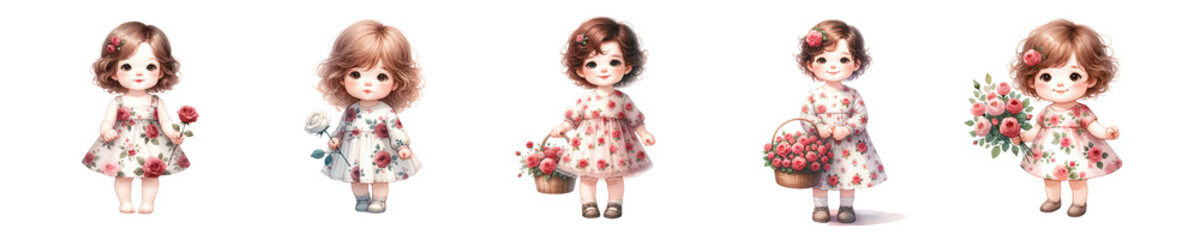 Watercolor cute girl holding a rose On a white background.Isolated image