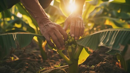 Close-up of hands tending banana trees in the sunset light.