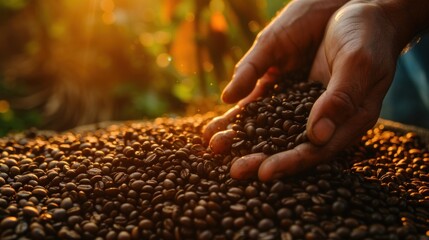 Close-up of hands tending coffee beans under sunset light. - obrazy, fototapety, plakaty