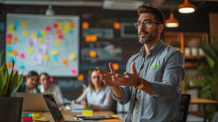 Energetic young leader in smart-casual attire passionately explaining project strategies to a diverse team in a modern co-working space, using a digital whiteboard.