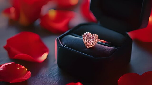 There is a sparkling heart-shaped diamond gem ring in velvet box with soft rose petals scattered around