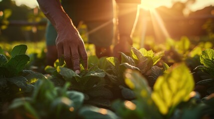 Close-up of hands tending tobacco leaves in the sunset light.
