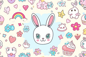 Seamless Cartoon Rabbit Pattern - Cute Bunny Illustration on White Background