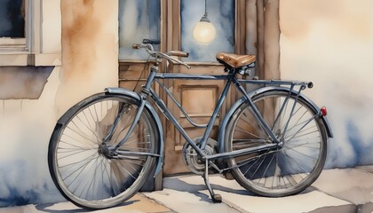 Fototapeta na wymiar Watercolor Painting: Evoking Nostalgia with a Vintage Bicycle Parked under a Streetlamp