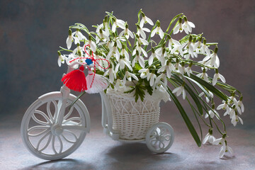 Decorative white bicycle with a basket of snowdrop flowers and a martenitsa symbol on a colored...