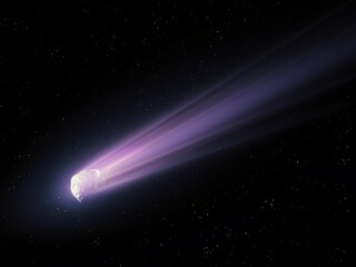 Glowing comet isolated on black background. Astronomical photography of a comet's tail against a background of stars. © Nazarii