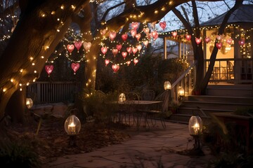 Whimsical Valentine's Day garden adorned with fairy lights, heart-shaped lanterns, and romantic seating
