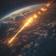 Many flaming asteroid meteors fall to earth which will endanger the earth globally, human fantasy imagination as a concept for astronomy, advertising,  knowledge, education etc. Generative ai