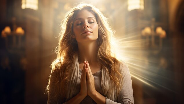 A young woman praying in the golden sunlight, youthful, cute and dreamy religious image. Lonely boy prays.