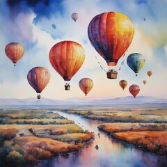 Watercolor painting of a colorful hot air balloon festival filling the sky with vibrant hues