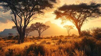 Naklejka premium African savannah landscape at sunset with acacia trees and distant mountains bathed in the golden light