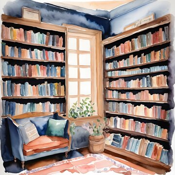 Watercolor painting of a cozy book nook with shelves filled with well-loved classics