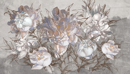 Art drawing of pastel delicate peony flowers on a textured light and dark gray background, wallpaper for the interior