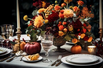 Obraz na płótnie Canvas Captivating autumnal table setting adorned with exquisite plates, silver cutlery, gleaming glasses, pumpkins, and an assortment of fresh fall flowers arranged beautifully in a flat lay