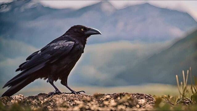 Black raven sitting the ground and starring and watching the territory. Close-up of black crow