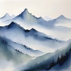 Watercolor Painting: A Misty Mountain Range with Minimalist Brushstroke Details
