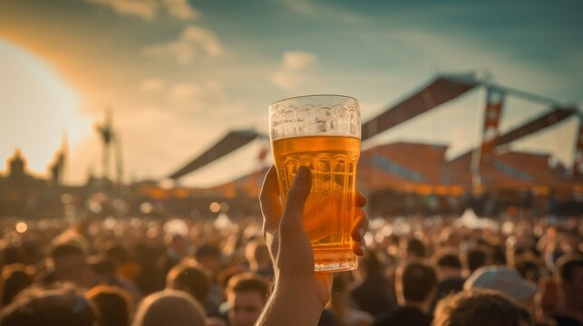 A Toast to Adulation: Raising a Glass of Beer Amidst the Rapturous Crowd. Generative AI.