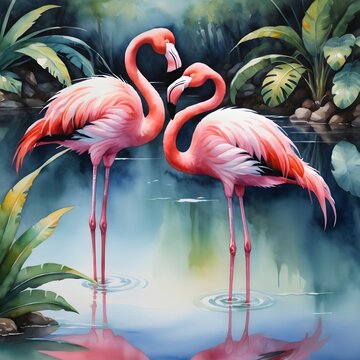 Watercolor Painting: A Pair of Elegant Flamingos Wading in a Tropical Lagoon