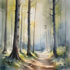 Watercolor Painting: Peaceful Forest Clearing with Minimalist Tree Trunks and Dappled Sunlight