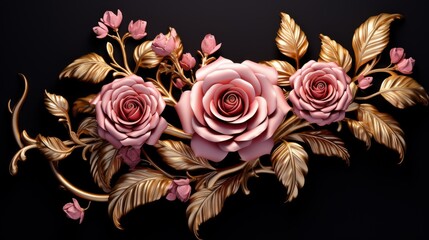 Blooming Elegance: A Dance of Pink Roses on the Enigmatic Canvas. Generative AI.
