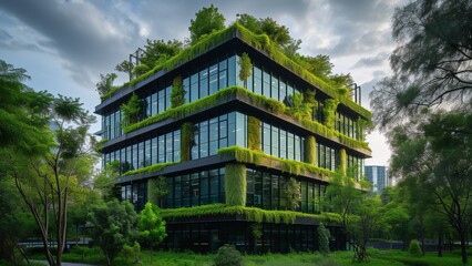 Sustainable Glass Office Building with Greenery - Eco-Friendly Design