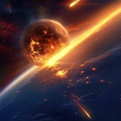 Obraz premium Many flaming asteroid meteors fall to earth which will endanger the earth globally, human fantasy imagination as a concept for astronomy, advertising, knowledge, education etc. Generative ai