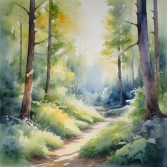 Watercolor Painting: A Peaceful Forest Glade with Sunlight Filtering through the Trees