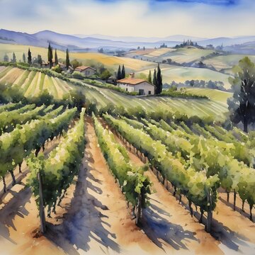 Watercolor Painting: Picturesque Vineyard with Rows of Grapevines Stretching into the Distance