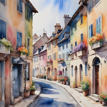 Watercolor Painting of a Quaint European Street Lined with Colorful Buildings (1)