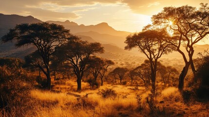 Fototapeta premium African savannah landscape at sunset, with acacia trees and distant mountains bathed in the golden light