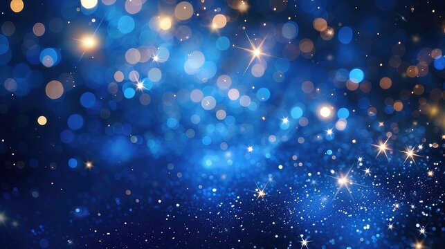 Blue Festive Christmas elegant abstract background with bokeh lights and stars