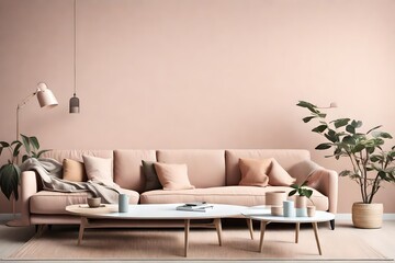 A chic Scandinavian lounge, showcasing a sleek sofa and coffee table, set in a minimalist ambiance with a pastel-colored empty wall mock-up.