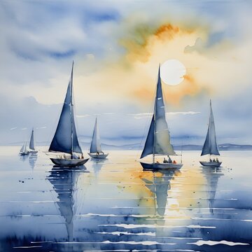 Watercolor Painting: Serene Seascape with sailboats gliding on the horizon