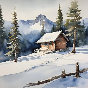 Watercolor Painting: Serene Snowy Landscape with a Lone Cabin nestled among Pine Trees