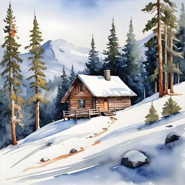 Watercolor Painting: Serene Snowy Landscape with a Lone Cabin Nestled among Pine Trees