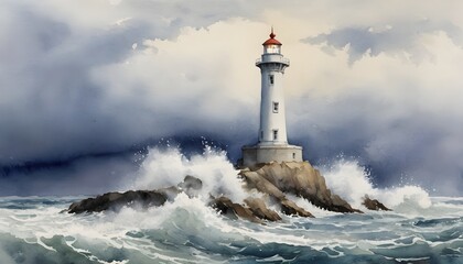 Fototapeta na wymiar Watercolor Painting: A Solitary Lighthouse Standing Tall against Crashing Waves