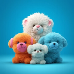 Cute fluffy toys on blue background with space for your text. Blue plush toys on blue background, 3d render. .Children's toys concept. Original Children's funny toys, 3d illustration. AI generated