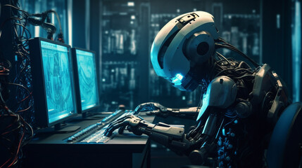 Fototapeta premium Humanoid robot working with a computer in a dark room. Robot typing on a computer in a server room at night. Technology and AI concept Cyborg sitting in front of a computer. 3D rendered. AI Generated