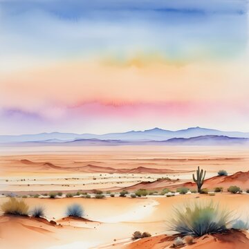 Watercolor Painting: Vast Desert Landscape with a Simple Horizon Line and Soft Pastel Colors